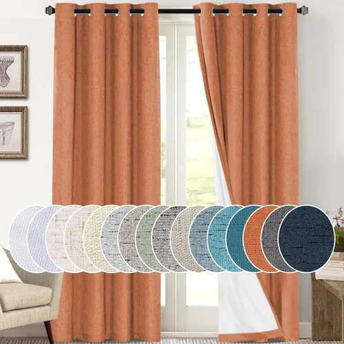 Vista 13 de Cortinas con textura de lino 100% opacas de 64 pulgadas de largo, juego de 2 paneles de cortinas de lino opacas con forro aislante térmico que Arena