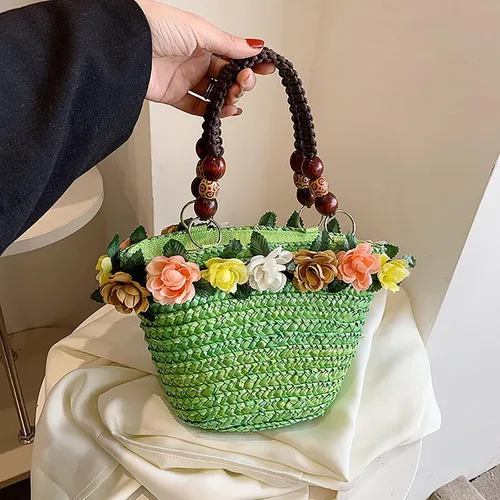 Vista 7 de Helenbra Bolso de mano de paja de flores para mujer, bolso de hombro con asa trenzada retro de verano, bolso de hombro bohemio para playa y viaje