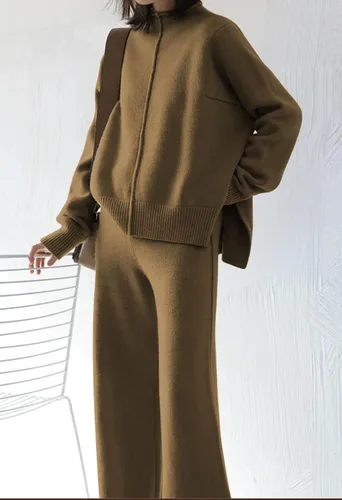 Vista 4 de Viottiset Conjunto de 2 piezas de suéter para mujer, pantalones de pierna ancha, cuello alto, ropa de descanso