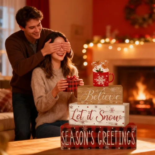 Vista 6 de 4 piezas de decoraciones navideñas para interiores - Decoración de mesa de madera de cacao para el hogar - Centro de mesa navideño para la mesa