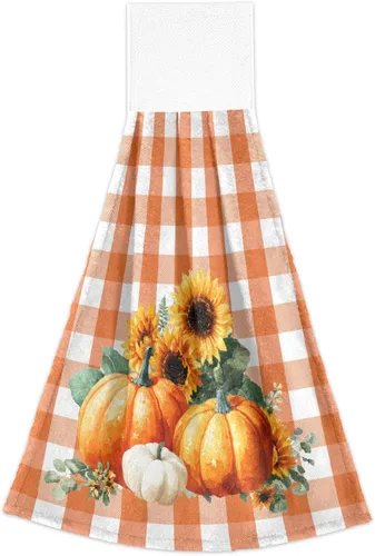 Vista 2 de Boccsty Toallas de Cocina Colgantes de Calabaza Otoñal 2 Piezas Cosecha Girasol Naranja Cuadros Buffalo Paños de Cocina con Lazo Toallas de Mano
