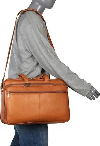 Vista 5 de Maletín de cuero con doble compartimento para portátil, cuero Vaquetta colombiano, Beige Bronceado, Antiguo