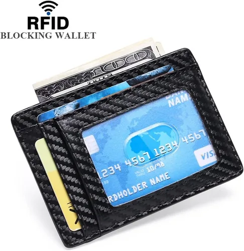 Vista 4 de CCBUY Carteras delgadas de cuero para hombres y mujeres, tarjetero de identificación de crédito, monedero, cartera de fibra de carbono mini
