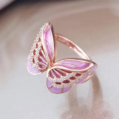 Vista 4 de Anillo de mariposa rosa con incrustaciones de circonita para mujer, anillo elegante de joyería vintage