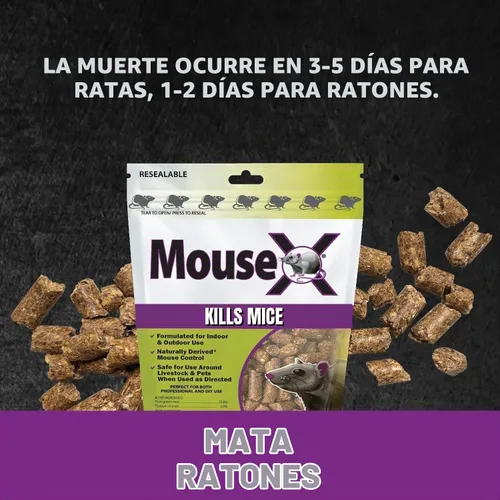 Vista 4 de MouseX Pellets de cebo de control de roedores para ratas y ratones - Pellets de uso en interiores y exteriores Bolsa de 5 onzas Sin veneno