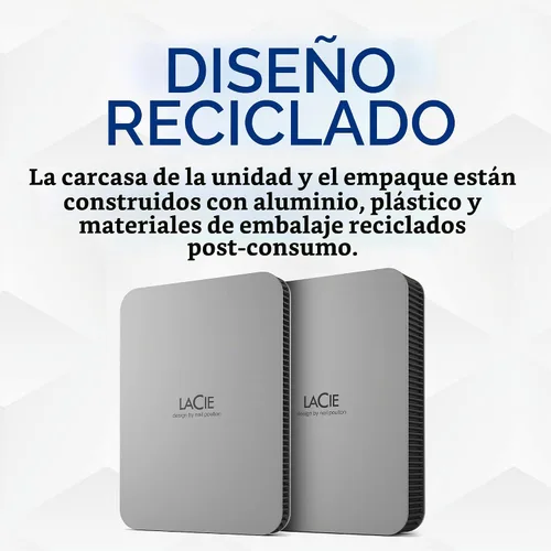 Vista 4 de LaCie Mobile Drive, disco duro externo portátil de 5TB - Plata Lunar, USB-C 3.2, para PC y Mac, reciclado post-consumo, con Adobe All Apps Plan