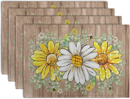 Vista 30 de Juego de 4 manteles individuales del 4 de julio, manteles individuales patrióticos florales con cruces y estrellas del Día de la Independencia y Día
