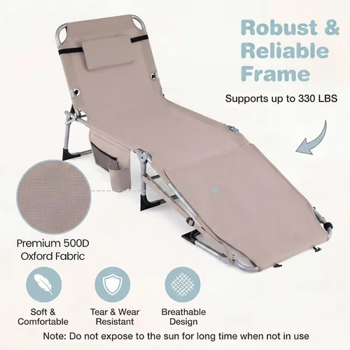 Vista 7 de Giantex Silla bronceadora, silla de playa de 330 libras con 5 posiciones ajustables, agujero para cara y brazo, correa para manos/hombros, almohada