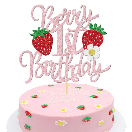 Vista 10 de 24 piezas de adornos para cupcakes de fresa, purpurina roja, temas de frutas, bayas y fresas, para verano, dulces, baby shower, fiesta