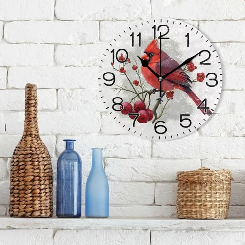 Vista 3 de ALAZA Reloj de pared cardenal de pájaro rojo de invierno, funciona con pilas, sin tictac, de cuarzo, analógico, rústico, rústico, reloj redondo