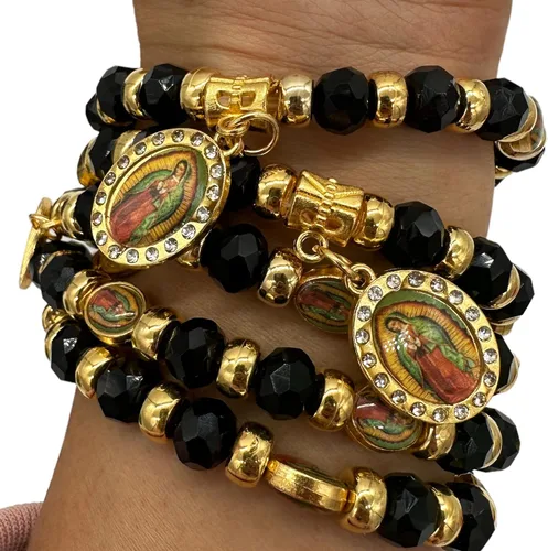 Vista 3 de RBN Pulsera de cuentas negras Virgen María con cuentas de protección de prosperidad buena suerte, pulsera de la Virgen María Color Negro Católica