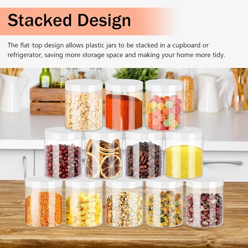 Vista 5 de SLifeJars Tarros de plástico transparente de 8 onzas, 24 frascos de comida redondos vacíos con tapas blancas, tarros de viaje de plástico