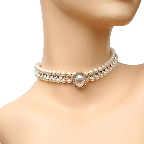 Vista 3 de S SUSANN Juego de collar y aretes de perlas de oro trenzado en capas, collar y aretes de perlas de cristal grueso, buen regalo para mujeres, juego