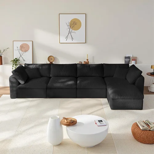 Vista 25 de Sofá modular de nube sin hueso de 108 pulgadas con asiento profundo para sala de estar, sofá en forma de L con otomana, tela de copo de nieve y Negro