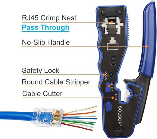 Vista 2 de Solsop Herramienta de Engaste RJ45 Herramienta de Engaste de Paso Herramienta de Engaste Cat5e Cat5 CAT6