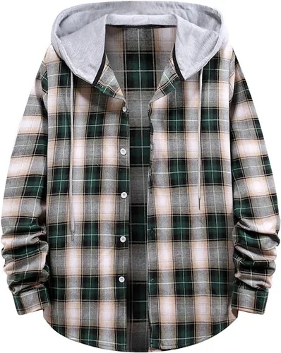 Vista 10 de Aymnlox Sudaderas con capucha para hombre, de manga larga, a cuadros, con botones, con capucha, casual, elegante, con cordón, 2024 #A01-Red