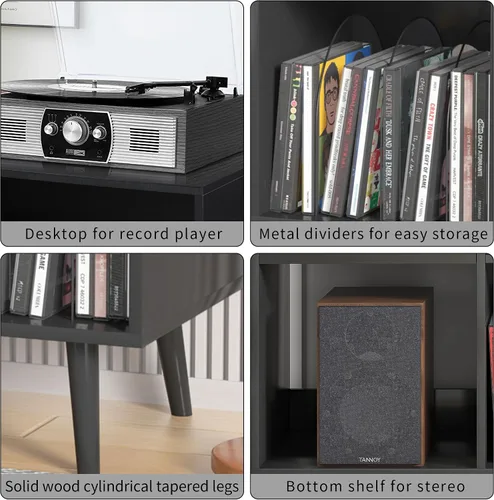 Vista 7 de Jluomei Mid-Century - Soporte para tocadiscos con gabinete de almacenamiento para discos de vinilo, mesa de jugador con toma de corriente, soporte