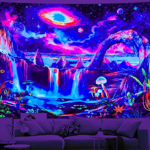Vista 3 de Tapiz de luz negra, galaxia y planeta, tapiz reactivo a los rayos UV, tapiz de cascada de montaña para dormitorio, estético, ola misteriosa, lago