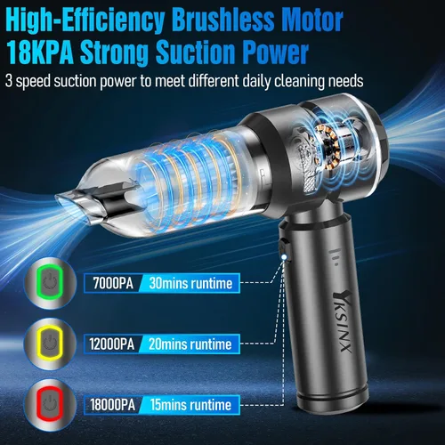 Vista 2 de Aspiradora de coche de alta potencia, aspiradora de mano inalámbrica de 18000 PA con motor sin escobillas, mini aspiradora portátil 4 en 1 y plumero