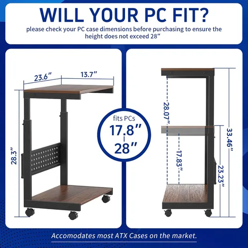 Vista 3 de [Usado] Soporte de torre para computadora/soporte de torre de PC con ruedas, doble nivel y carrito de soporte de CPU ajustable de 5 niveles Nogal