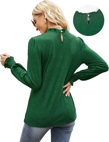 Vista 2 de LOMON Blusas de manga larga y corta para mujer, cuello alto falso, volantes, manga abombada, para el trabajo, casual, holgada, túnica