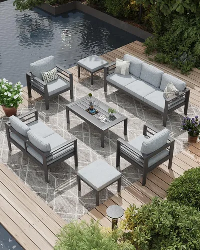 Vista 12 de AECOJOY Juego de muebles de patio de aluminio, muebles modernos de exterior de 5 asientos con mesa auxiliar, 4 piezas de sofá seccional