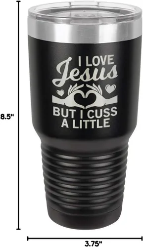 Vista 10 de Taza de viaje con texto en inglés "I Love Jessus I CUSS A LITTLE Engraved Tumbler", de acero con recubrimiento de polvo grabado con láser, sin BPA