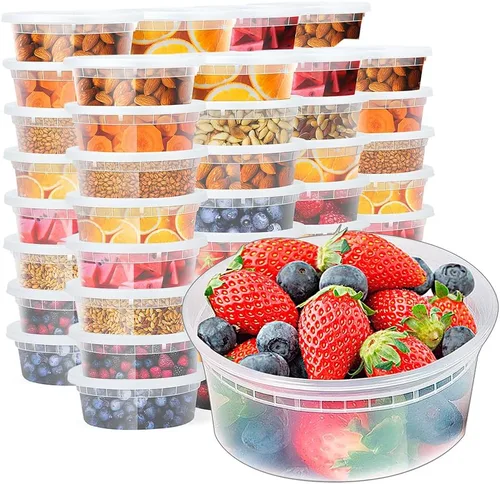 Vista 18 de Glotoch - Juego de 48 recipientes de plástico para almacenamiento de alimentos y bebidas de 8 onzas, 16 onzas y 32 onzas con tapas, aptos