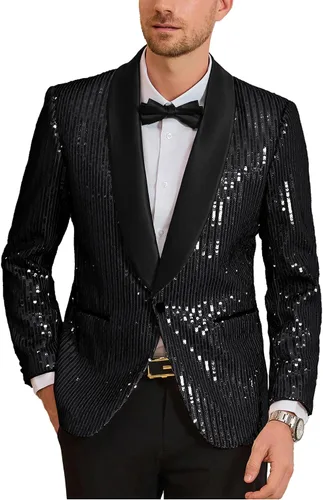 Vista 8 de GRACE KARIN Blazer de lentejuelas brillantes para hombre, con un botón, chal, solapa, esmoquin, fiesta, cena, baile de graduación