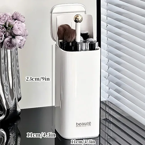 Vista 7 de Soporte de cepillo de maquillaje de elevación automática con tapa a prueba de polvo organizadores cosméticos para tocador-blanco