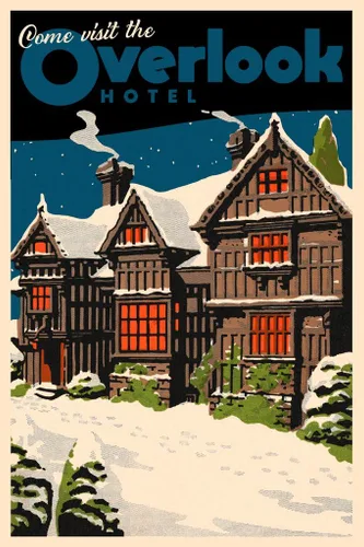 Vista 2 de Laminado Visita al Hotel Overlook Famoso Póster de Viaje Vintage de Película de Terror Asustadiza Arte de Pared Borrable en Seco 12x18