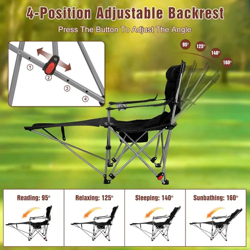 Vista 4 de Reclining Camping Chair with Footrest, 4-Position Adjustable Zero Gravity Chair, Portable Folding Camping Lounge Chair with Headrest Cup Holder &