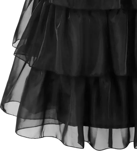 Vista 6 de Meiniyea Disfraz de miércoles Addams para niñas, disfraz casual para niños, disfraz de Halloween, cosplay, vestido de fiesta, color negro