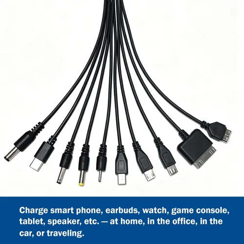Vista 3 de Cable USB universal 10 en 1, cable de carga múltiple compatible con múltiples teléfonos celulares, Bluetooth, auriculares, altavoz, reproductor