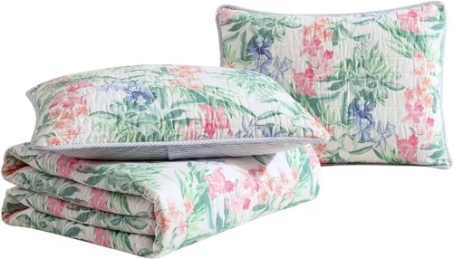 Vista 3 de Tommy Bahama - Juego de edredón tamaño Queen, ropa de cama reversible de algodón costero con fundas a juego, juego de ropa de cama botánica colorido