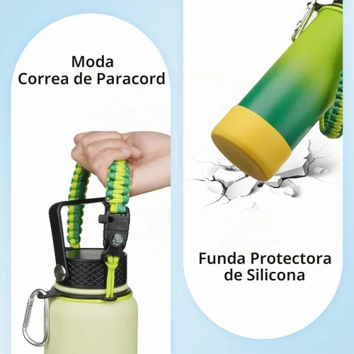 Vista 4 de BJPKPK - Botella de agua con tapa de popote, botellas de agua aisladas de 18 onzas con 3 tapas, asa de cuerda de paracaídas y base antideslizante