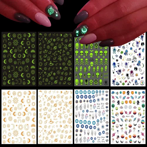 Vista 7 de Calcomanías de arte de uñas de alienígena, planeta 3D, astronauta, tierra, luna, estrella, OVNI cohete, calcomanías de transferencia de uñas