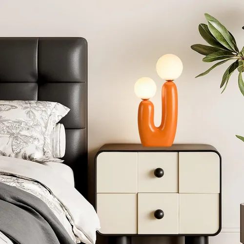 Vista 4 de Lámpara de mesa moderna naranja en forma de cactus con 2 luces, lámpara de seta, esfera de leche blanca de vidrio, lámparas de mesa bonitas