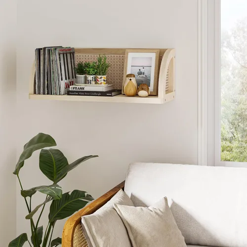 Vista 2 de Estante de pared de ratán de madera, estantes colgantes de 16 pulgadas de largo, estantes naturales montados en la pared, estante flotante fácil