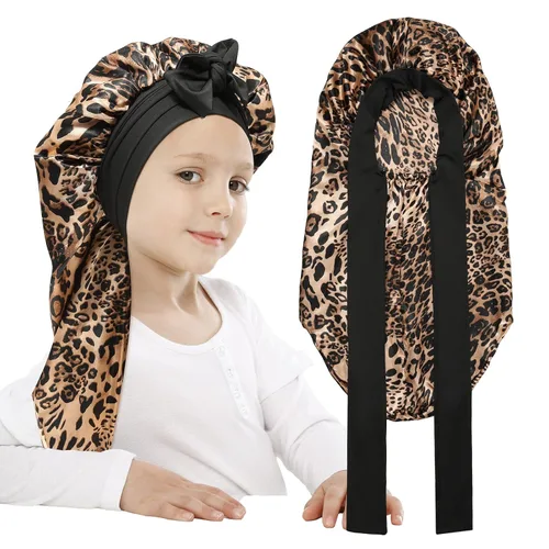 Vista 17 de AWAYTR Gorro de satén para niñas con trenzas de pelo largo para dormir Negro