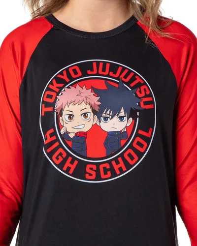 Vista 2 de Bioworld Jujutsu Kaisen - Pijama para mujer Tokyo Jujutsu High School Yuji Itadori y Megumi Fushiguro Raglan Jogger Pijama Conjunto