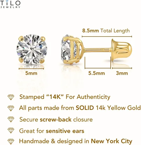 Vista 4 de Aretes de oro amarillo de 14k solitario con cubo y zirconia, con broches seguros