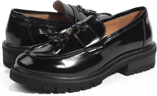 Vista 5 de MACNMEUU Mocasines de plataforma para mujer, mocasines de piel sintética para mujer, mocasines de piel sintética con borlas