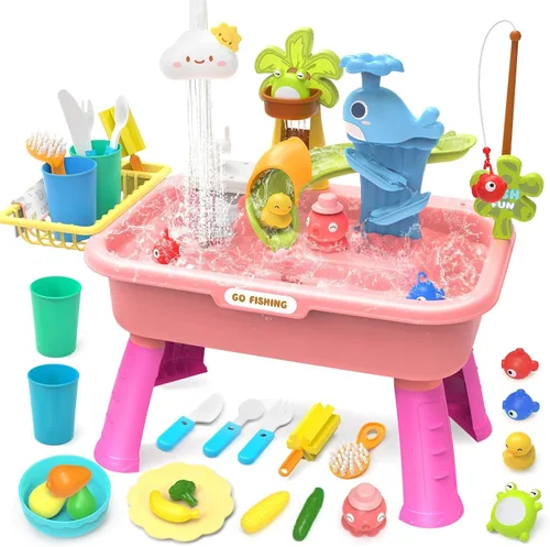 Vista 10 de Fregadero de juego de 21 pulgadas de alto con agua corriente, fregadero de cocina 4 en 1 para niños con grifo eléctrico, mini mesa de agua con patas