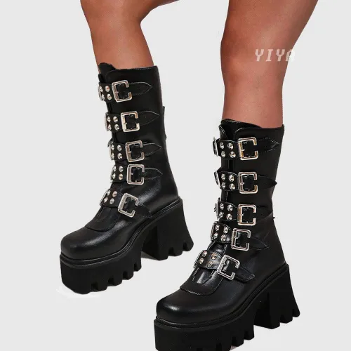 Vista 3 de YIYA - Botas de combate a media pantorrilla con estoperoles para mujer botas de plataforma góticas negras botines de plataforma con hebilla y punta