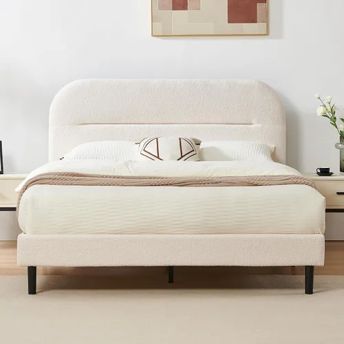 Vista 10 de Furnify Marco de cama tamaño individual, marco de cama tapizado de tela suave con cabecera ajustable, marco de cama de plataforma con esquinas Beige