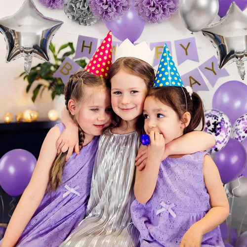 Vista 6 de Decoraciones de cumpleaños para niñas púrpura y plata Lavanda fiesta decoración Kit para ella mujer incluyendo feliz cumpleaños Banner pompón flor
