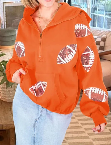 Vista 15 de SeekMe Sudaderas con capucha de lentejuelas para mujer, para el día del partido, suéteres de manga larga con cremallera y bolsillo