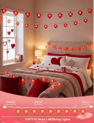 Vista 2 de Cadena de luces de corazón de San Valentín de 8.5 pies con 10 luces de hadas de corazón, decoraciones del día de San Valentín, luces de cadena