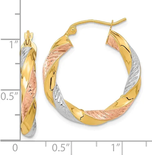Vista 3 de Diamond2Deal Aretes de aro tricolor de oro amarillo de 14 quilates, joyería fina para mujer (L-1.039 in W-0.976 in), Oro amarillo, No es una piedra
